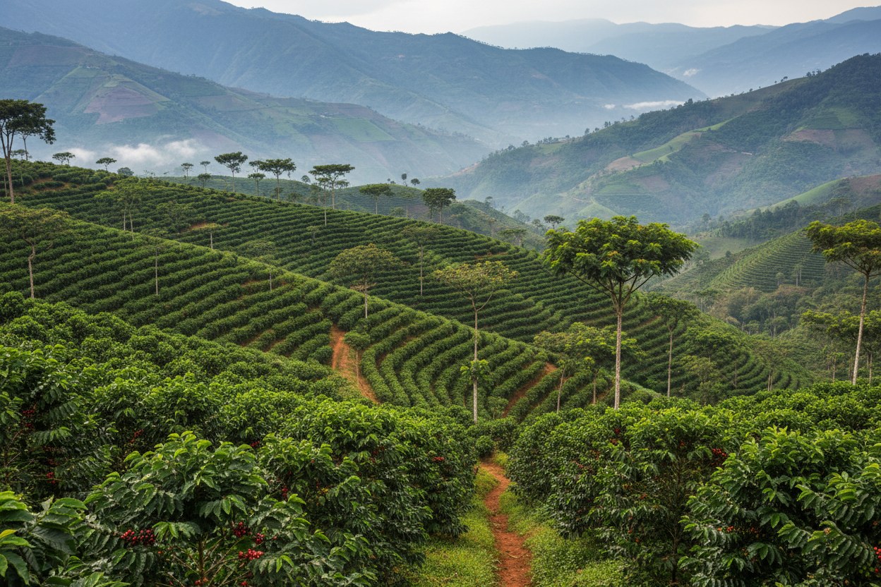 Cafetal en ladera del suroeste antioqueño con montañas al fondo