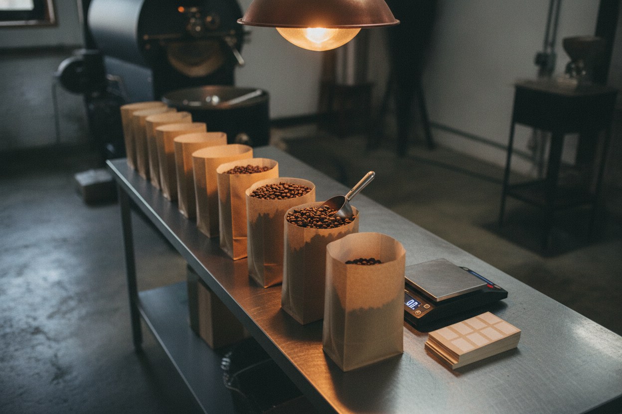 Bolsas de microlotes de café recién tostado alineadas sobre una mesa de trabajo de acero en el taller de Laureles