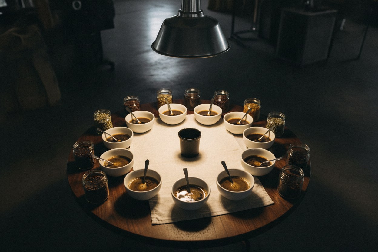 Interior del taller de tostión en Laureles, con sacos de café y estanterías de trabajo