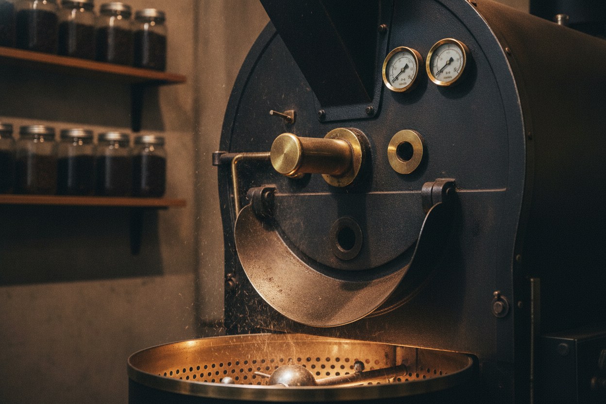 Granos de café girando dentro del tambor de tostión, brasas anaranjadas al fondo
